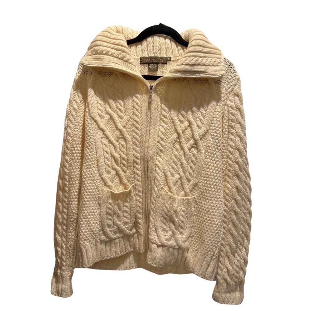 Inis Crafts 100% Merino Wool Aran Cable Knit Zip Cardigan Cream Made in Ireland